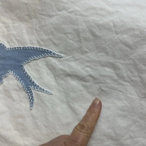 Vtg MCM Bird Applique Coverlet Sheet Full Double White Blue Cotton Scallop Hem - Picture 7 of 16